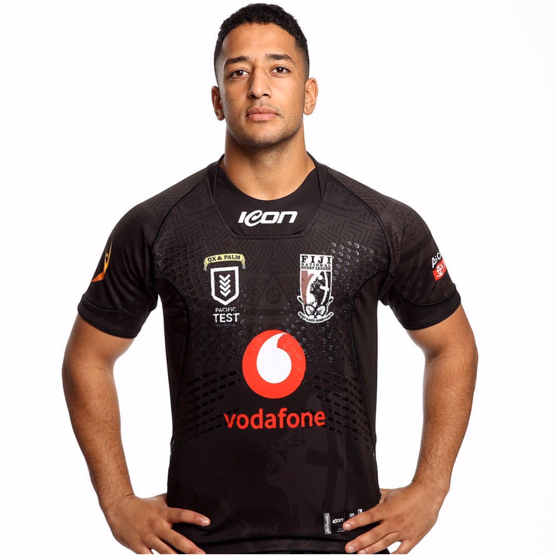 Professional rugby player wearing a black Icon Sports Fiji Bati jersey