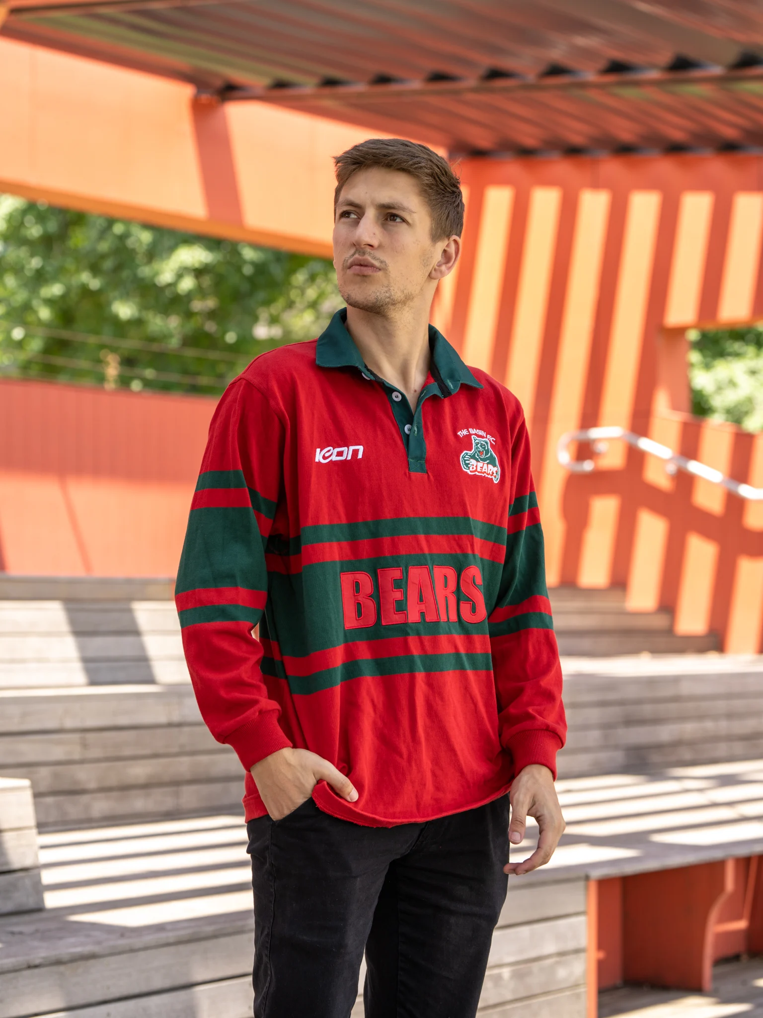 Red and green Bears rugby top with custom club details